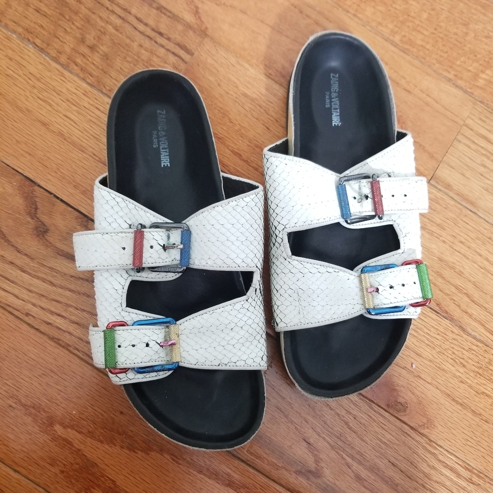 Zadig & Voltaire Keith Double Strap White Leather Sandals Multi Hardware Size 38